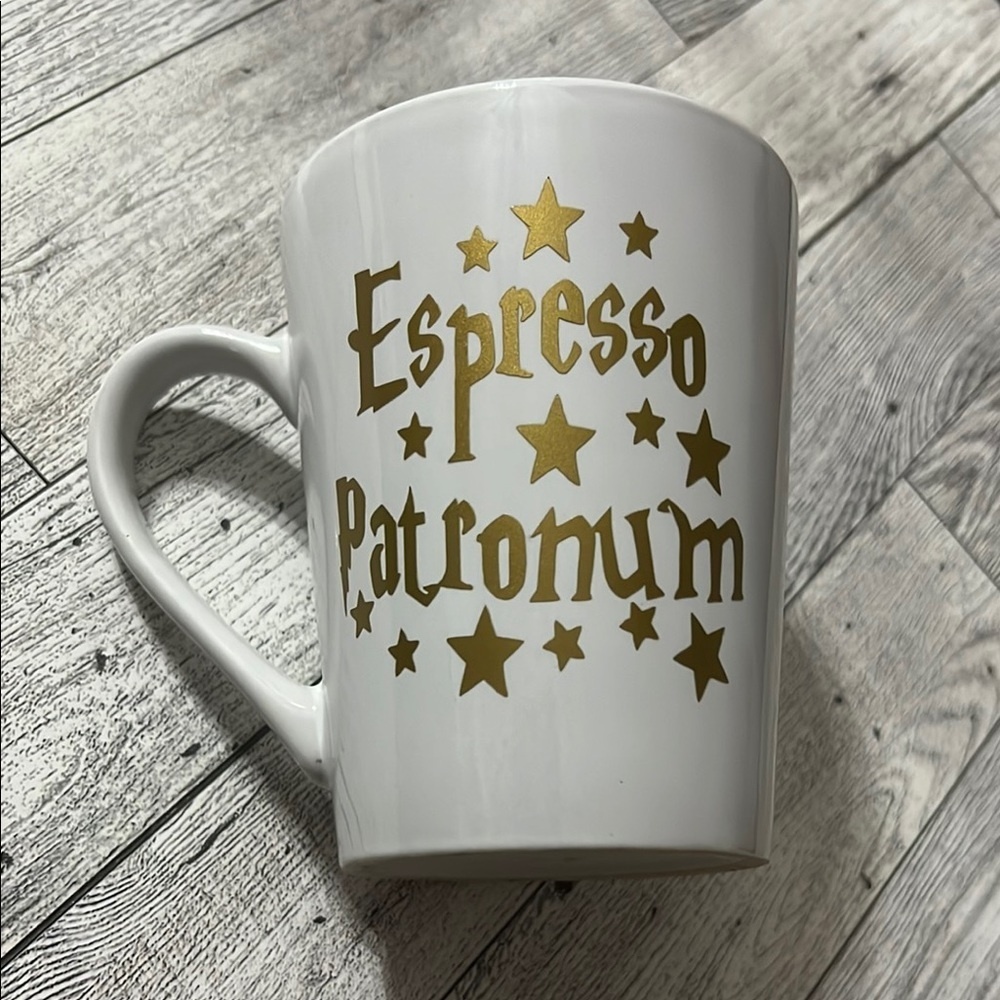 Espresso Patronum - White Mug with Gold Stars and Text